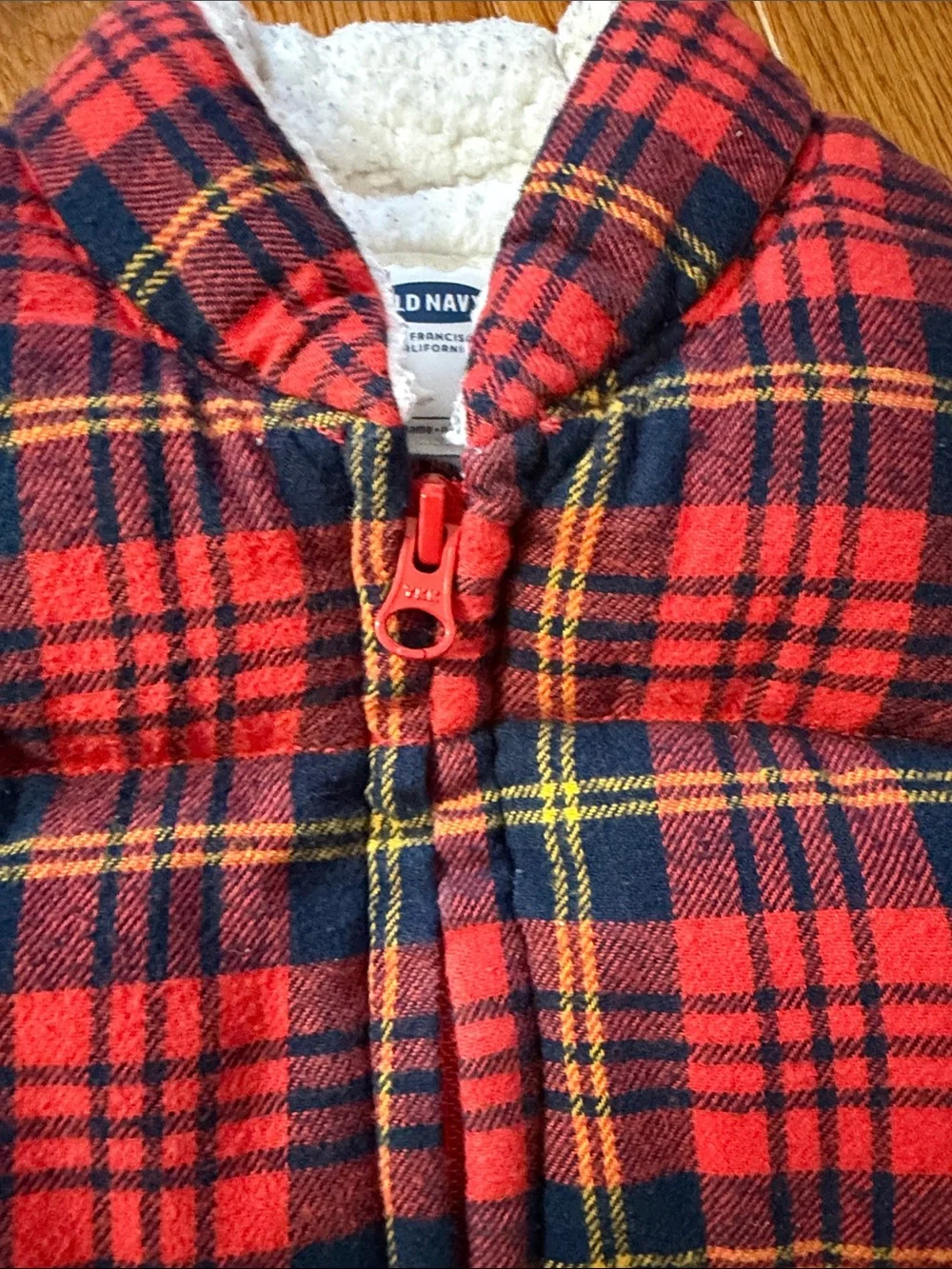 Old Navy - 12-18M- Red and Navy Plaid Sherpa-Lined Kids Vest
